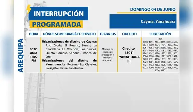 Comunicado de suspensión de servicio de luz eléctrico en Arequipa. Foto: SEAL Comunicado de suspensión de servicio de luz eléctrico en Arequipa. Foto: SEAL
