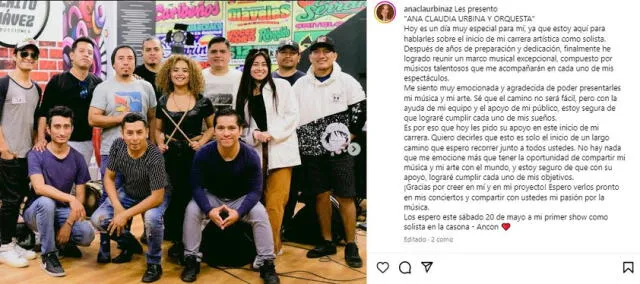 Ana Claudia Urbina anunció su agrupación tras estar dos años en Zona Libre. Foto: Ana Claudia Urbina/Instagram 