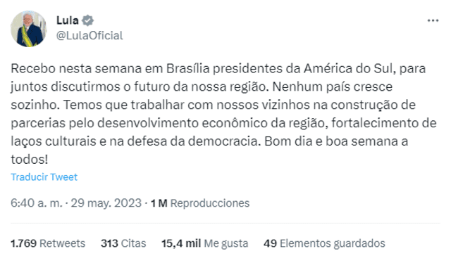  Comunicado del presidente Luiz Inácio Lula da Silva sobre la cumbre. Foto: @LulaOficial / Twitter<br>    