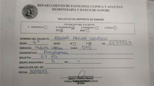 La señora Adriana Paucar se encuentra internada por una leucemia aguda. Foto: RPP 