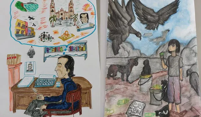 Dibujos artísticos realizados por estudiantes del Colegio Reina del Mundo. Foto: difusión   