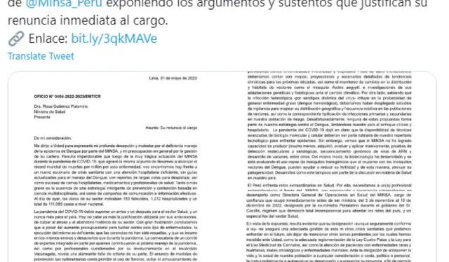  Despacho de Ed Málaga envió una carta a la ministra de Salud, Rosa Gutiérrez. Foto: @despacho_emt<br><br>   