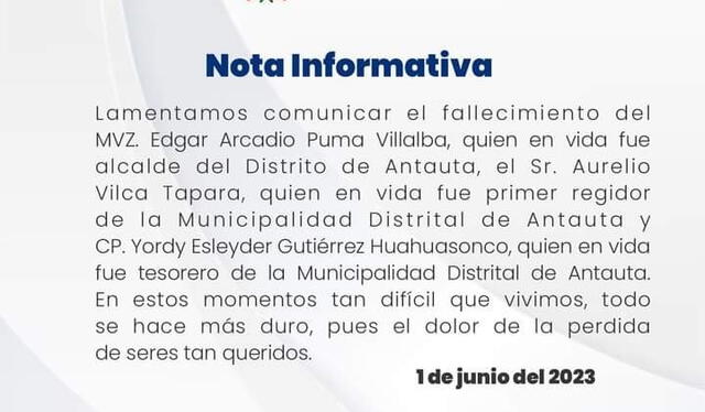 Comunicado emitido por la Municipalidad. Foto: Municipalidad Distrital de Antauta   