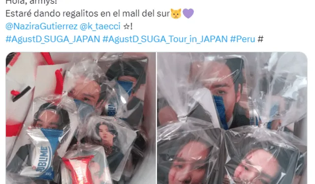 Fans de BTS entregan presentes en Cineplanet Mall del Sur por la función de Suga en concierto. Foto: captura/Twitter