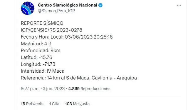  Comunicado de sismo en Arequipa. Foto: IGP<br><br>    