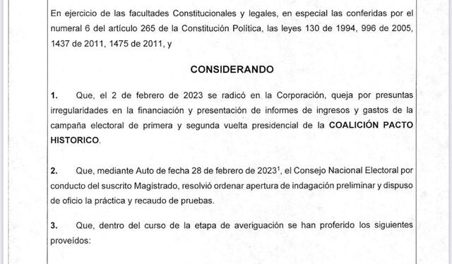Documento oficial del CNE. Foto: Radio Colombia   