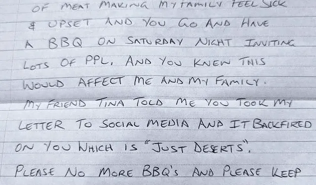 La familia de veganos envió una carta a su vecino para pedirle que deje de cocinar carne. Foto: Facebook @Hey Perth   