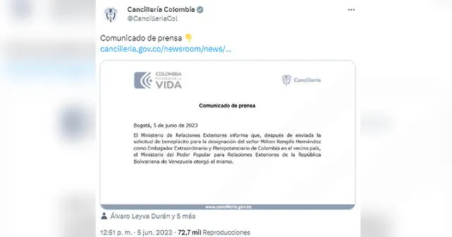 Comunicado de la Cancillería de Colombia. Foto: Twitter/Cancillería    