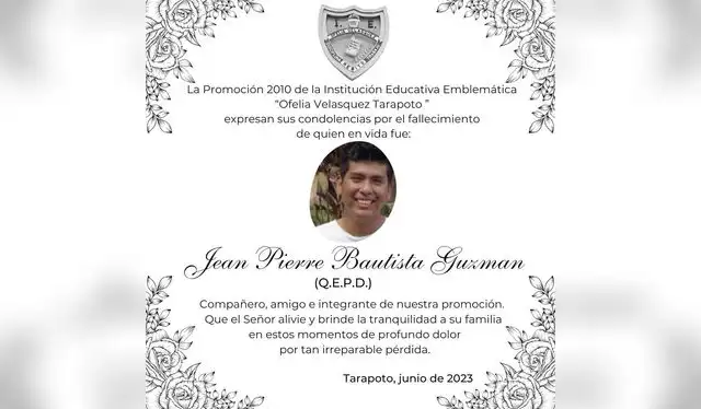  Autoridades del colegio donde estudió Jean Pierre Bautista Guzmán expresaron sus condolencias a los parientes de la víctima. Foto: I. E. Ofelia Velásquez<br><br> 