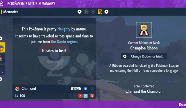  El estado de Charizard en Pokémon HOME tras su largo viaje. La plataforma reconoce dónde fue atrapado (Kanto). Foto: Reddit   
