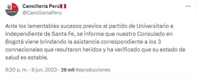 Comunicado de la Cancillería del Perú a través de su cuenta oficial de Twitter. Foto: Twitter/CancilleriaPeru   