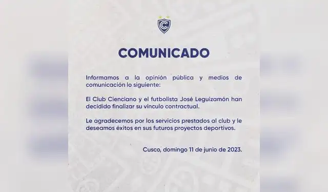  Cienciano anunció la salida de José Leguizamón mediante un pronunciamiento. Foto: Cienciano <br><br>    
