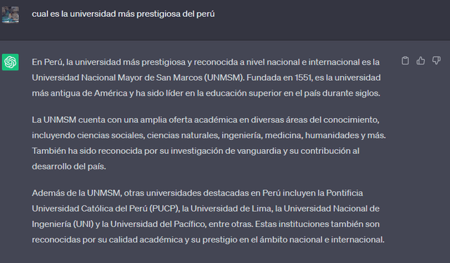 Respuesta de la IA sobre la universidad más prestigiosa del Perú. Foto: captura de pantalla   