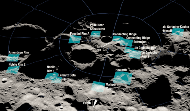  Las 13 regiones del polo sur lunar donde podría aterrizar la misión Artemis 3. Foto: NASA   