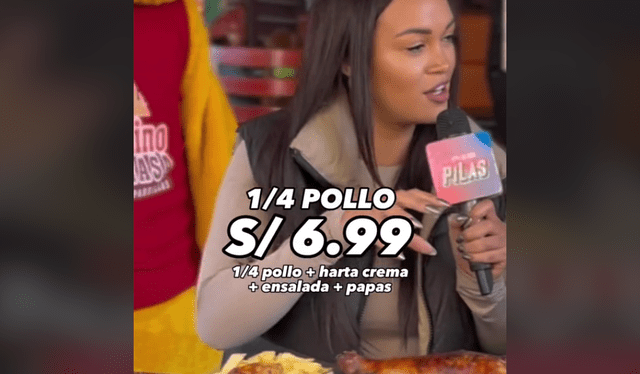 Angie Arizaga anuncia la nueva promoción de 1/4 de pollo a la brasa. Foto: captura de TikTok/elchinobrasa   