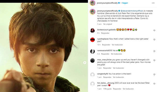 En sus redes sociales, Sumpter felicitó a Alexander Molony, el nuevo Peter Pan en "Peter Pan y Wendy", que se estrenó este 2023. Foto: captura de Instagram/Jeremy Sumpter   