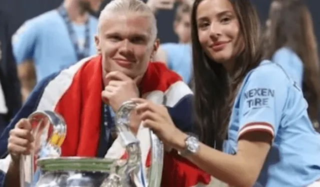 Erling Haaland festejó junto a Isabel Haugseng Johansen la victoria del Manchester City en la Champions League 2023. Foto: Diario La Prensa/YouTube    