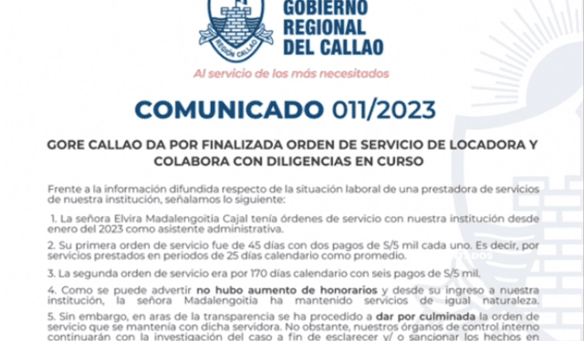 Comunicado no fue firmado por el Gobernador del Callao, Ciro Castillo. Foto: GORE Callao   