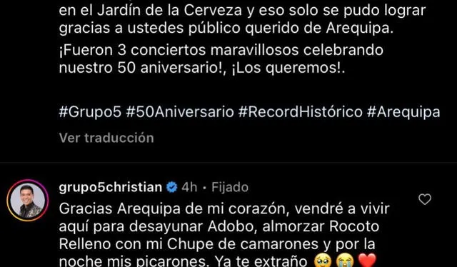 Mensaje de Christian Yaipen. Foto: Captura Instagram Grupo 5   