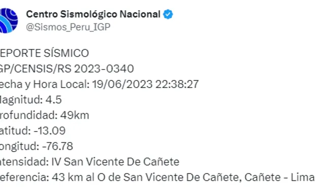  El epicentro del temblor de este&nbsp;martes 19 de junio&nbsp;se localizó a 43 kilómetros al oeste de Cañete. Foto: IGP   