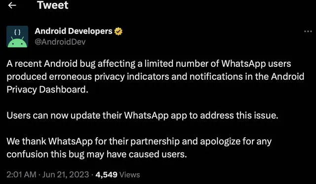  Tuit de Android sobre error en WhatsApp. Foto: Twitter   