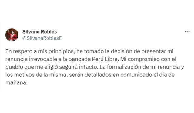  Silvana Robles comunicó su renuncia a Perú Libre a través de Twitter. Foto: captura de Twitter/@SilvanaRoblesE   