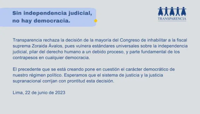  Comunicado difundido por Transparencia. Foto: Transparencia 