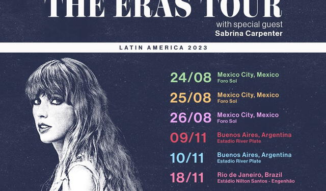 Los destinos escogidos del "The eras tour" son Ciudad de México, Buenos Aires, Río de Janeiro y Sao Paulo. Foto: Taylor Swift/Twitter   