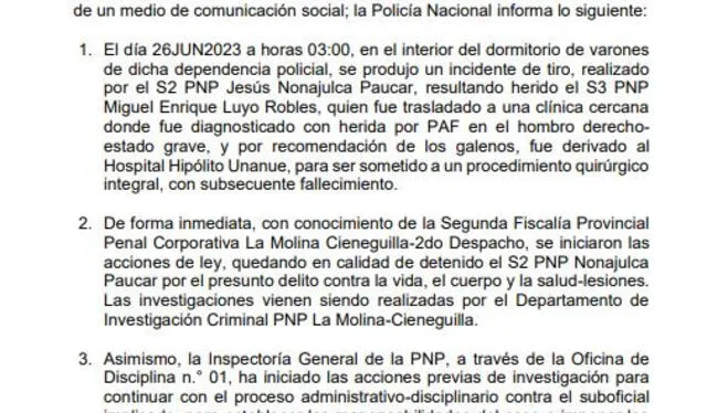 Comunicado de la PNP sobre el fallecimiento del suboficial de tercera&nbsp;<strong>Miguel Enrique Luyo</strong>. Foto: PNP    