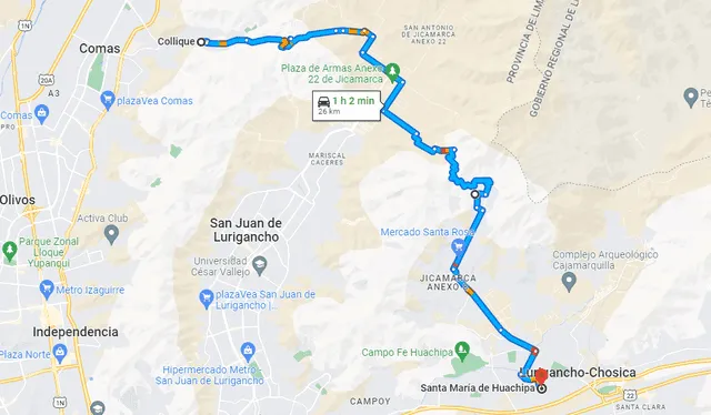 La ruta entera alterna de Comas a Huachipa. Foto: captura de web/Google Maps   