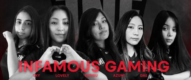  Josselyn ‘Sky’ Abusabal (support), Wendy ‘Lovely’ Aria (support), Fanny ‘Bambu’ Chuquimamani (hard carry), Ruth ‘Azumi’ Cahuana (midline) y Judith ‘Dae’ Polo (offlane). Foto: Infamous    