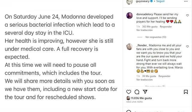  Madonna preocupa a sus fans por su salud. Foto: Instagram/Guy Oseary    