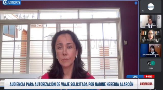 Audiencia para autoración de viaje al extranjero de Nadine Heredia. Foto: captura de JusticiaTV   