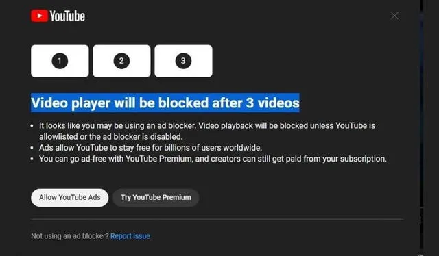  Aviso de YouTube sobre los bloqueadores de anuncios. Foto: Reddit   