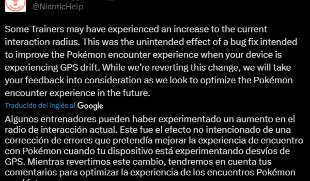  Niantic revertió la actualización tras afirmar que el cambio positivo fue un "evento inesperado". Foto: Twitter<br><br>    