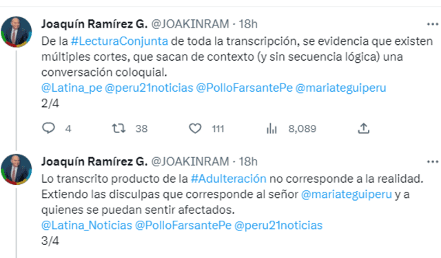 Joaquín Ramírez se pronunció a través de su cuenta de Twitter. Foto: captura Twitter.   