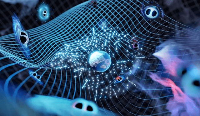  Representación de las ondas gravitacionales que llegan a los púlsares monitoreados desde la Tierra. Imagen: OzGrav    
