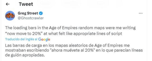  La barra de carga de Age of Empires se movía de 20% según el criterio de Greg Street. Foto: Twitter   