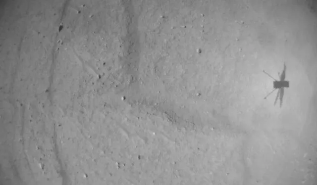 La sombra de Ingenuity aparece en una imagen captada por su cámara durante su vuelo 52. Foto recibida tras restablecimiento de contacto. Foto: NASA / JPL-Caltech   