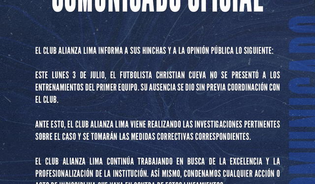 Comunicado de Alianza Lima. Foto: Alianza Lima.   