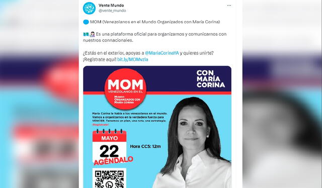  María Corina Machado lanza plataforma MOM para agrupar a los venezolanos en el exterior. Foto: captura Twitter/@Vente_Mundo<br><br>   