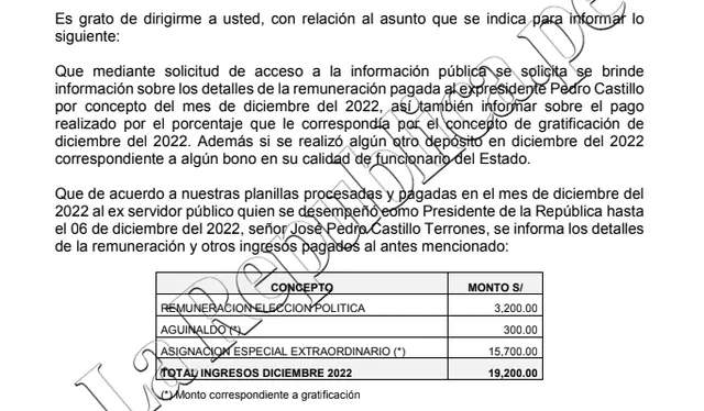Despacho Presidencial informó sobre los pagos que realizó a Pedro Castillo. Foto: captura Despacho Presidencial.