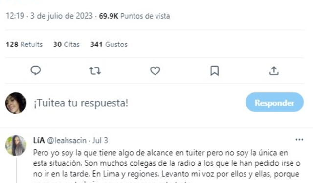  Periodista de Radio Nacional fue despedida de manera irregular. Foto: Twitter/ Leah Sacin<br><br>  