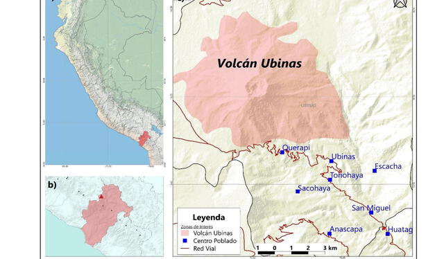  Mapa de ubicación del volcán Ubinas (sombra roja) y poblados aledaños. Foto: IGP 