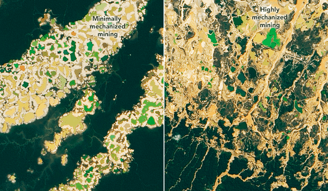  Dos zonas explotadas con diferentes técnicas de minería (izquierda, menos invasiva; derecha, más invasiva). Fotos: NASA    