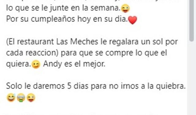  El reto para reaccionar a la foto de Andy acaba este 7 de julio. Foto: Facebook Las Meches   