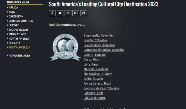  Nominados a mejor destino cultural 2023. Foto: captura de World Travel Awards   