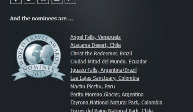  Lista de zonas turísticas nominadas. Foto: captura de pantalla/World Travel Awards 