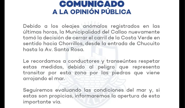 Municipalidad del Callao se pronuncia ante oleajes anómalos. Foto: Twitter 