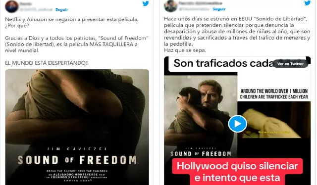 Usuarios de Twitter manifestaron que Hollywood quiso silenciar la película "Sound of freedom". Foto: composición LR/Twitter   